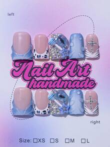 10片装Y2K鸭子美甲贴片套装 - 手工制作，粉色法式尖头，亮面黑色法式斑马纹，3D手工DIY花朵，红色花朵装饰和闪亮金色水钻点缀 - 完美适用于派对和休闲装扮，也适合日常佩戴和派对造型，是送给女性和女孩的绝佳礼物，包含工具包 - 藍色 - 查看 1