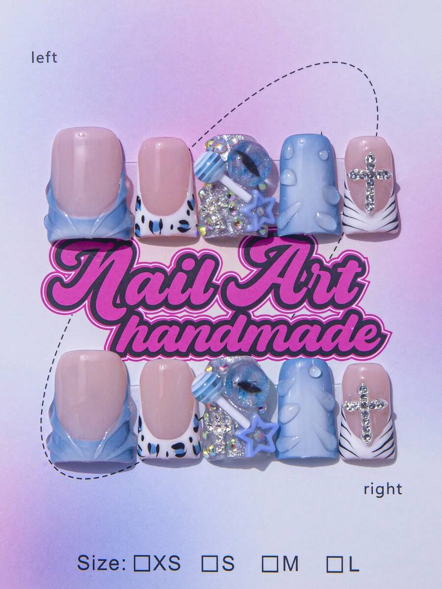 10片装Y2K鸭子美甲贴片套装 - 手工制作，粉色法式尖头，亮面黑色法式斑马纹，3D手工DIY花朵，红色花朵装饰和闪亮金色水钻点缀 - 完美适用于派对和休闲装扮，也适合日常佩戴和派对造型，是送给女性和女孩的绝佳礼物，包含工具包 - 藍色 - 查看 1