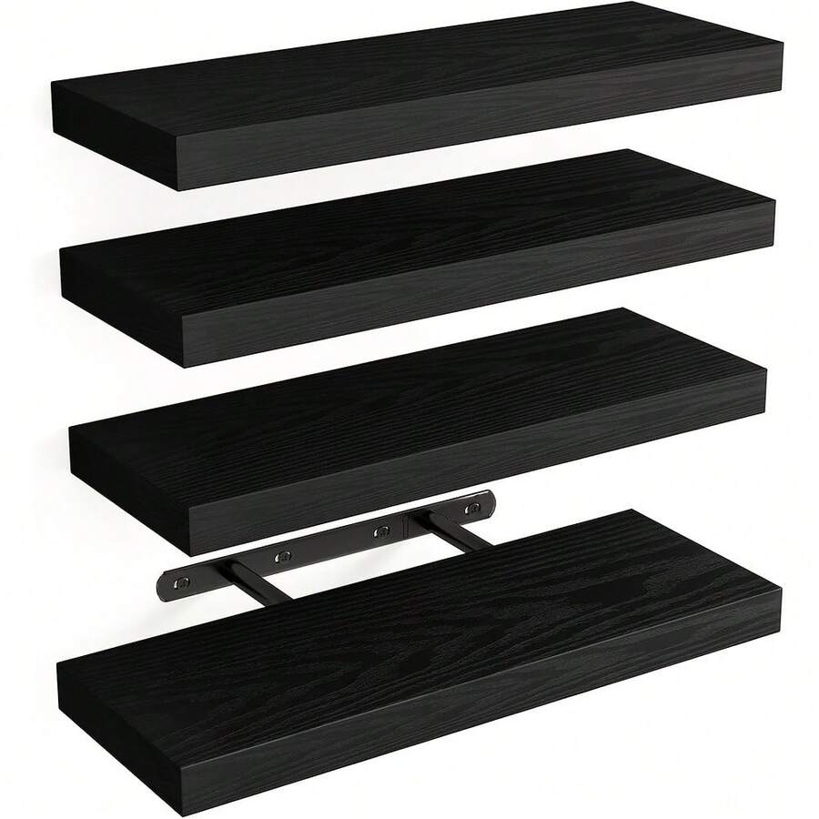 Senmeo Rustic 4pc Floating Shelves (Natural Wood Finish), Handcrafted + Invisible Brackets For Home - Black - View 1