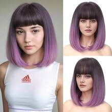 Lady Miranda Purple Bob Wig With Bangs Short Straight Ombre Wig Middle Part With Bangs Bob Hair Wigs Synthetic Grey To Purple Wigs For Women Daily Party Wig For Women{Inchcolor_nameinch:Inch1-GreyOmbrePurpleinch} - 1-灰紫色 - 查看 1