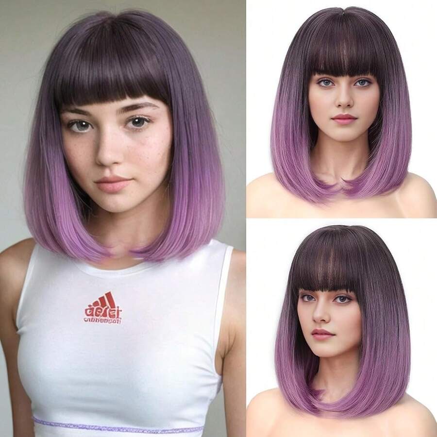 Lady Miranda Purple Bob Wig With Bangs Short Straight Ombre Wig Middle Part With Bangs Bob Hair Wigs Synthetic Grey To Purple Wigs For Women Daily Party Wig For Women{Inchcolor_nameinch:Inch1-GreyOmbrePurpleinch} - 1-灰紫色 - 查看 1
