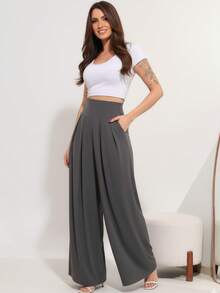 Wide-Leg, Loose-Fitting Palazzo Pants In Viscose/Lycra Knit Fabric With A Wide Waistband And High Waist And Pleats. - Dark Grey - View 3