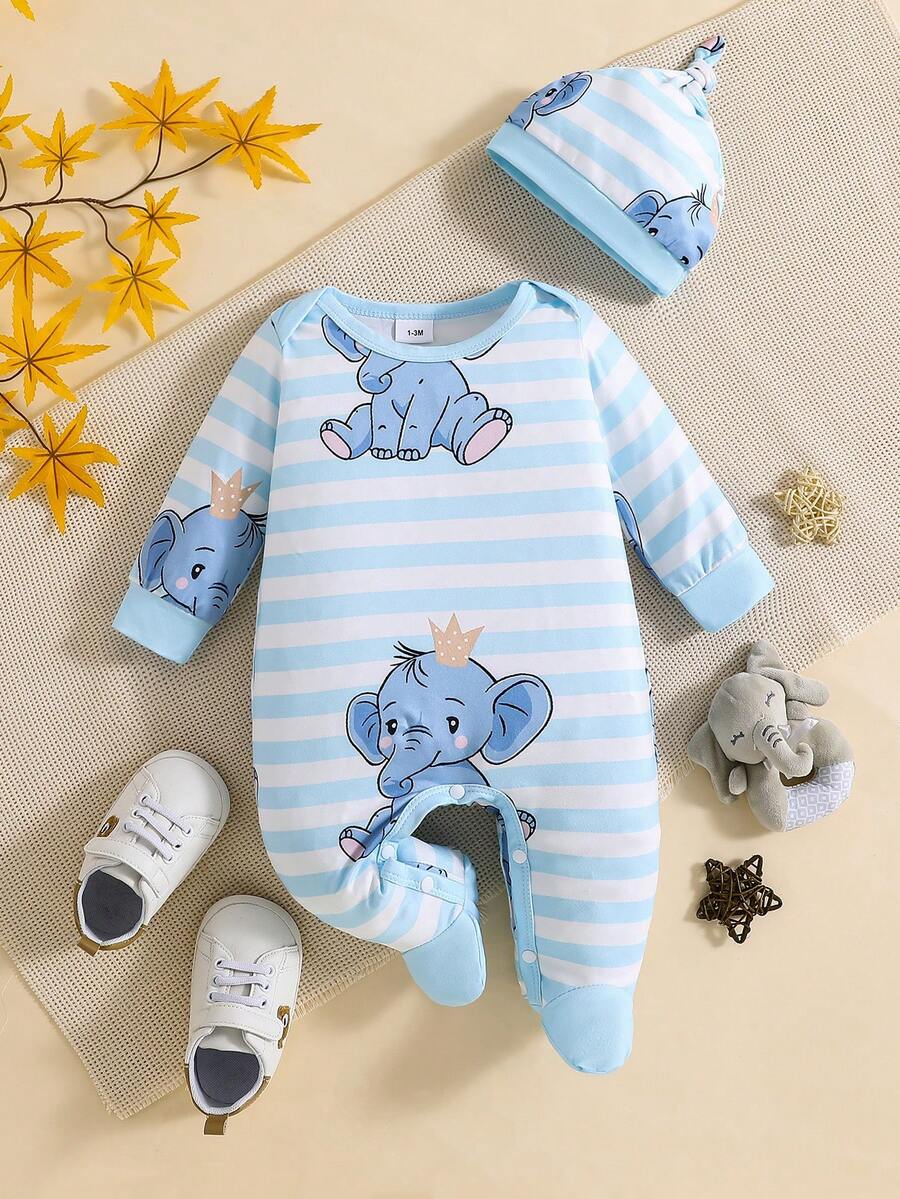 2件套新生儿可爱动物数码印花长袖连体衣+帽子,婴儿连体衣,可爱休闲舒适,适合所有季节 - 藍白色 - 查看 1