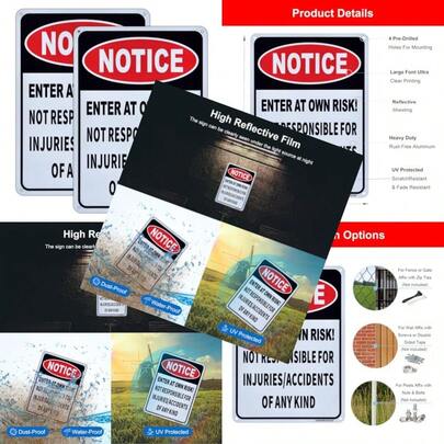 Notice Enter At Own Risk Not Responsible For Accidents Or Injuries Signs 2 Pack 10"X7" Rustfree Reflective Aluminum Caution Safety Warning Security Sign UV Protected And Weatherproof Easy To Mount.