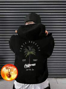 1 件男童休闲印花连帽运动衫，温暖厚实套头衫，适合户外玩耍，秋冬季 - 黑色 - 查看 2