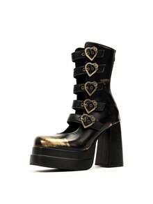 Distressed Heart Decor Silver Color Waterproof Platform Thick Heel Block Heel Boots - Black Gold - View 2