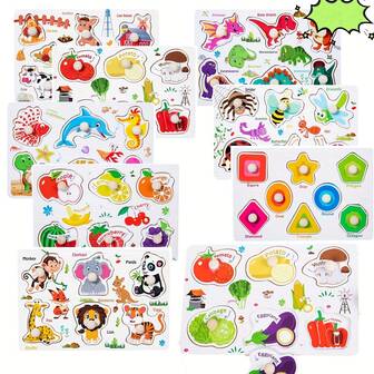 蒙特梭利儿童木制指夹抓板 3D 拼图木制早教益智拼图板教育玩具，儿童礼物