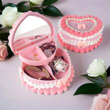 Heart-Shaped Jewelry Organizer With Mirror & Drawer - Realistic Strawberry Cream Cake Design, Pink And White Plastic Desktop Storage Box, Suitable For Necklaces, Earrings, Headbands - Valentine's Day/Mother's Day Gift, Jewelry Gift Box, Romantic Aesthetic Decoration. - hộp đựng đồ trang sức - Xem 8