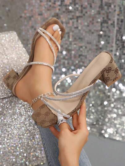 Square Toe Thick Heel Rhinestone Sandals For Women, Fashionable French Style High Heels For Summer