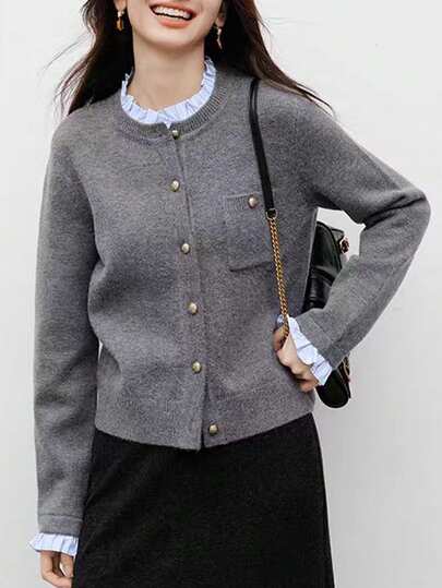 Wixra Chaqueta de punto con cuello de camisa plisada, diseño elegante de nueva temporada otoño/invierno de Wixra