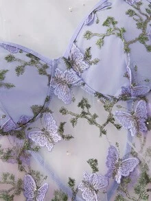 Women Sexy Lingerie Embroidery Butterfly Babydoll Sheer Mesh Nightgown Chemise Boudoir Nighty Sleepwear With Thong - Màu tím - Xem 3