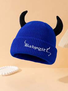 1pc High Quality 85g Large Circumference Women's Fashion Solid Color "BABYGIRL" Embroidered Knit Hat With Horn Decor, Suitable For Halloween Outfit And Outings Winter Women - A - View 6