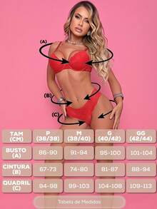 Conjunto de Lingerie Sexy Feminino Rendado Sutiã Strappy com Bojo e Calcinha Fio Dental - Vermelho - Visão 12