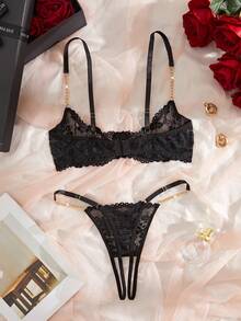 Conjunto de lencería para mujer, con encaje de leopardo negro y cadena dorada, diseño abierto y hueco con copa 1/4 - Negro - Ver 3