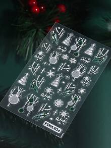 2 Sheets Christmas Nail Art Stickers With Rhinestone, Silver Glitter Snowflake Xmas Tree Pine Branch Bauble Winter Self-Adhesive Nail Decals, DIY Manicure Decorations - Multicolor - View 7