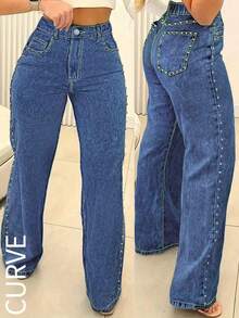 Jeans rectos y holgados de talla grande para mujer con remaches - Azul lavado oscuro - Ver 1