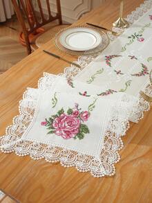 Polyester Linen Natural Table Runner, Pink Rose Cross-Stitch Embroidery, Double-Sided Wavy Hollow Crochet Lace Edge, Vintage Botanical Style Dining Table Coffee Table Tablecloth, Wedding Farmhouse Home Kitchen Decor - Multicolor - View 4