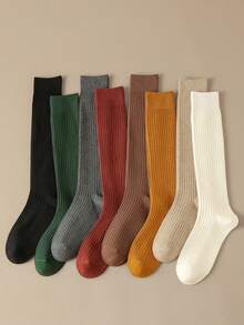 3 Pairs Women's Solid Color Vertical Striped Simple JK Style Over The Calf Socks, Cozy Socks