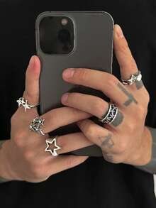 9pcs Fashionable Punk Style Crystal Star Rings Set, Adjustable For Men Casual Daily Wear - 9pcs - View 3