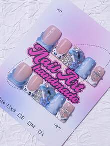 10片装Y2K鸭子美甲贴片套装 - 手工制作，粉色法式尖头，亮面黑色法式斑马纹，3D手工DIY花朵，红色花朵装饰和闪亮金色水钻点缀 - 完美适用于派对和休闲装扮，也适合日常佩戴和派对造型，是送给女性和女孩的绝佳礼物，包含工具包 - 藍色 - 查看 2