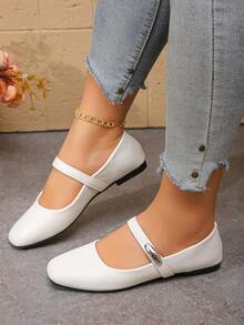 宽楦春秋新款时尚方头女式平底鞋，白色低帮PU休闲平底鞋，户外舒适，尺码36-43，轻便 - 白色 - 查看 3