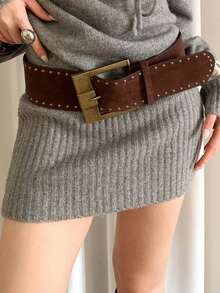 1 chiếc thắt lưng thời trang thắt eo bằng da lộn khóa lớn chất liệu PU màu nâu dành cho nữ phong cách cổ điển - Cà phê - Xem 1