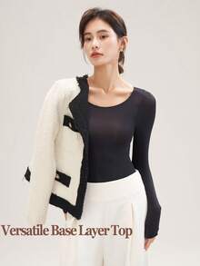 2件装女士无缝黑色上衣，超薄纯色保暖内衣，舒适长袖圆领无缝打底衫，修身高弹米色打底衫，透明上衣，休闲纯色轻薄保暖，适合秋冬季节，轻薄基础打底衫，时尚日常穿着，内衣睡衣 - 彩色 - 查看 6