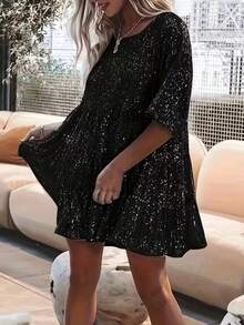 休闲宽松圆领亮片装饰女式连衣裙 黑色 夏季 优雅 - 黑色 - 查看 3