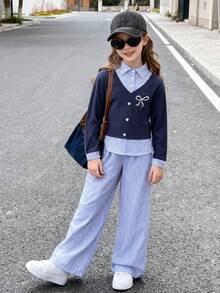 2pcs Girls Casual Bow Embroidery Striped Shirt And Wide Leg Pants Set, Spring/Autumn