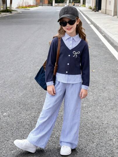 2pcs Girls Casual Bow Embroidery Striped Shirt And Wide Leg Pants Set, Spring/Autumn