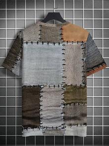 男士加大码复古拼接牛仔印花T恤，100%涤纶棉质弹力面料，休闲街头风短袖T恤，透气舒适，适合日常穿着、度假、派对、户外活动 - 彩色 - 查看 3