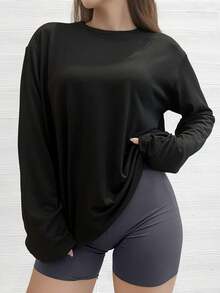 Camiseta de manga larga con caída en los hombros de unicolor negro, talla grande, holgada y casual - Negro - Ver 1