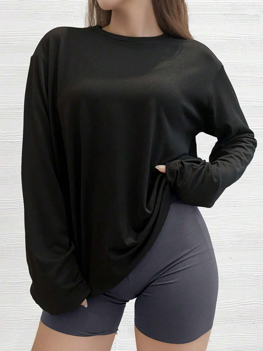 Camiseta de manga larga con caída en los hombros de unicolor negro, talla grande, holgada y casual - Negro - Ver 1