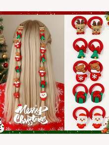 10件装圣诞发圈，女士节日发饰套装 - 圣诞老人驯鹿发圈，节日涤纶发带，女士适用，完美适用于节日派对和新年礼物