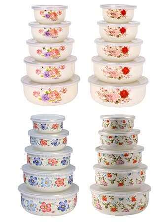 5件套彩色搪瓷密封保鲜盒，容量分别为10/12/14/16/18克，适用于水果蔬菜的食品储存碗，圆形盖子，可重复使用，时尚搪瓷汤/沙拉碗，适合学校、露营、野餐、办公室等场合。