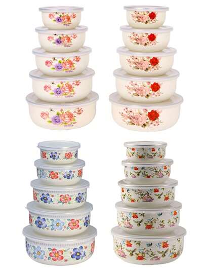 5pcs Multi-Color Enamel Sealed Container Set, Capacity 10/12/14/16/18, Food Storage Bowls For Fruits & Vegetables, Round Lid Containers, Reusable Lunch Boxes, Stylish Enamel Soup/Salad Bowls, Suitable For School, Camping, Picnic, Office