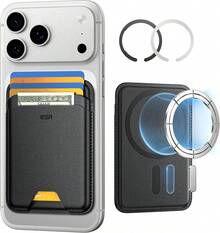 ESR para portafolios, soporte para 5 tarjetas, portafolios magnética para, bloqueo RFID, con fuerza magnética de 3.200 g, piel vegano, delgado para 17/16/15/14/13/12, Negro - A1_Negro - Ver 11