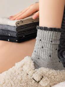 1双/2双/3双/5双装 女士加厚保暖蕾丝波点船袜，秋冬季舒适袜 - 彩色 - 查看 5