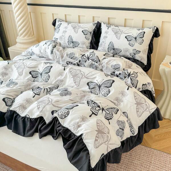 Juego de funda nórdica de 3 piezas con encaje negro y diseño de insectos blancos, mariposas negras y grises y flores - 100% poliéster suave y transpirable, con volantes negros y cierre con cremallera, incluye 2 fundas de almohada y 1 funda nórdica en varios tamaños, adecuado para dormitorio, habitación de invitados, dormitorio, todas las estaciones, regalo para fiestas