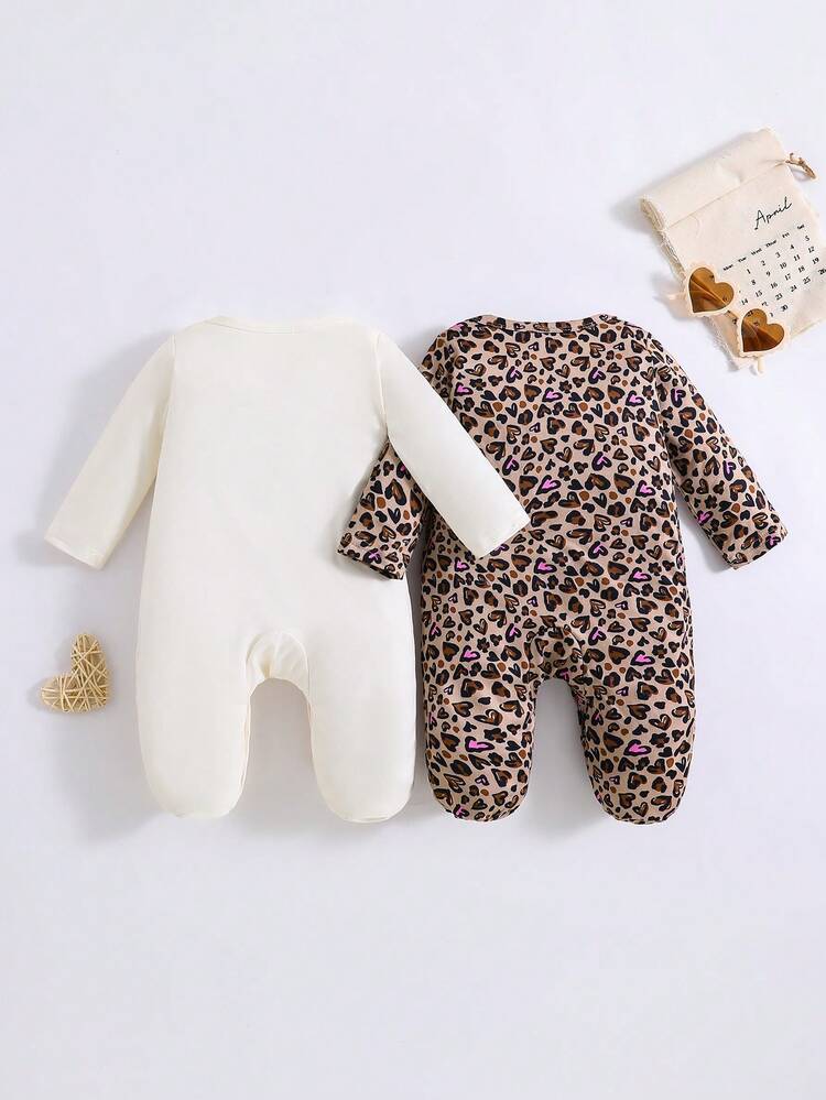 2pcs Newborn Baby Girls Leopard Print Bow Decor Outfit Set, Leopard Print Jumpsuit, Suitable For All Seasons - Multicolor - View 2