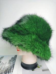 1pc Faux Fox Fur Bucket Hat, Faux Mink Fur Thick & Fashionable High-End Gift Cap Winter Gear - Green Fur - View 5