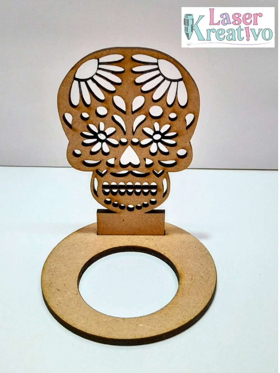 Calaverita con base en MDF natural 3 mm (diseño 3) (8.5 x 7 cm) paq 5 pzas., adorno artesanal para festividades mexicanas, material resistente, fácil de decorar y reutilizar. - Camel - Ver 1