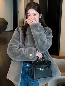 Elegant Winter Women Coat Fashion Grey Fuzzy Coats Chic Party Prom Fluffy Fur Jackets Long Sleeve Fur Jacket Female New Streetwear Going Out Tops With Pocket Warm Thick Halloween Christmas New Year Clothes Thanksgiving Outfit