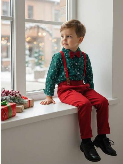 BOARNSEORL 2pcs Young Boys Gentleman Outfit - Long Sleeve Shirt With Snowman & Christmas Tree Print, Bowknot, And Red Suspender Pants, Suitable For Events, Birthday, Wedding, Christmas Party