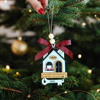 2025 New Home 3D Wooden Christmas Ornament With Bow, A Creative Gift For New Homeowners, Home Decor Hanging Decoration, Perfect Housewarming Gift And Holiday Decoration, The Best Holiday Gift For Family And Friends