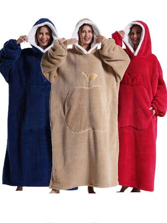 Oversized Hooded Sweatshirt Wearable Blanket, Women's Loose Hooded Blanket,Loose Hooded Blanket, Super Soft Warm And Comfortable Blanket With Front Apple Pocket Design, Suitable For Men And Women, Best Gift With Large Pockets, Comfortable Home Wear,Brown/Navy/Red Cozy Loungewear