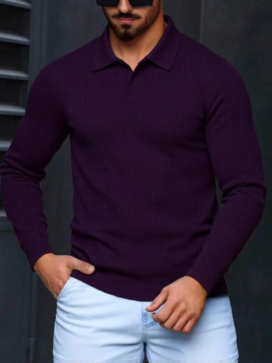 Polo para hombre de manga larga, ideal para otoño e invierno. Con diseño acanalado de líneas verticales, tejido suave y cómodo, cuello clásico y ajuste moderno. Perfecto para combinar con jeans y pantalones casuales, ofrece un estilo elegante y versátil para reuniones, trabajo o salidas cotidianas, brindando sofisticación y confort en todo momento. - Púrpura Profundo - Ver 1