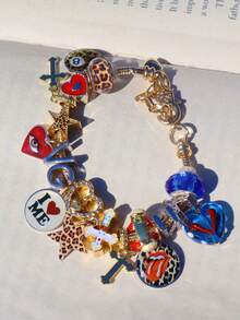 1 vòng tay họa tiết da báo và ngôi sao, 1 vòng tay thánh giá trái tim, 1 vòng tay khẩu hiệu Love Yourself, 1 vòng tay hình 8 bi họa tiết da báo, 1 vòng tay đôi môi gợi cảm, 1 vòng tay trái tim đỏ (cùng kiểu dáng với Ins) - Vàng - Xem 8