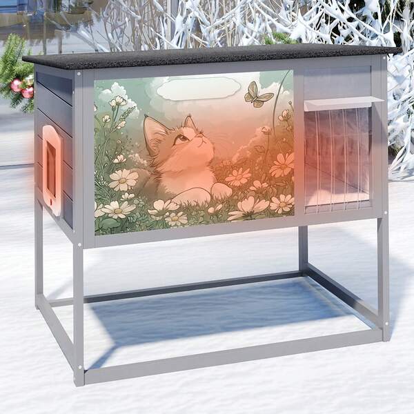 Caseta aislante para gatos, resistente al invierno, de madera con patas alta, puerta y techo abatible, rascador exterior resistente a la intemperie, para animales pequeños en invierno, color gris.