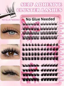 144Pcs C Curl Self Adhesive Individual Cluster Lashes Fox Eye DIY Lash Extension Set Cat Eye Look Natural Press On Segmented Lashes No Glue Needed Spikes Eyelashes Extension - màu đen - Xem 9